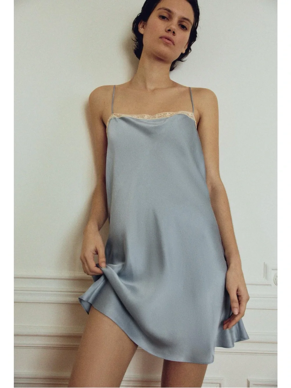 100% SILK LACE TRIM SLIP DRESSl  Zara Light Blue Satin Lace-Trim Slip